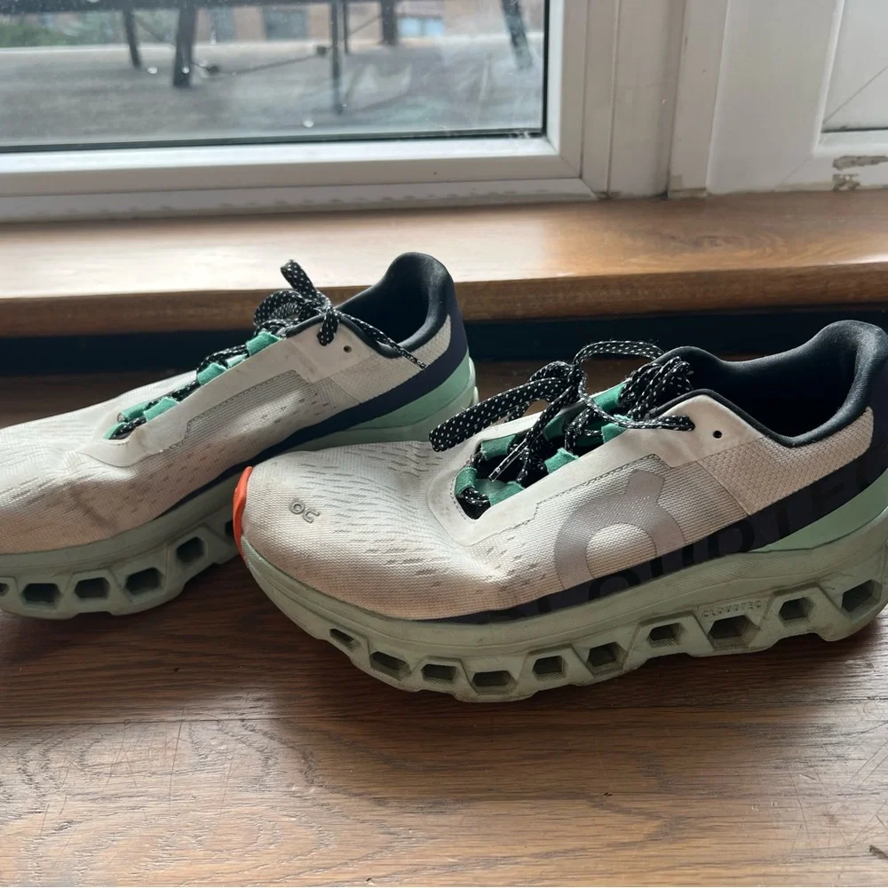 ON cloudmonster - White and Navy Athletic Shoes with Orange Accents - Picture 4 of 5